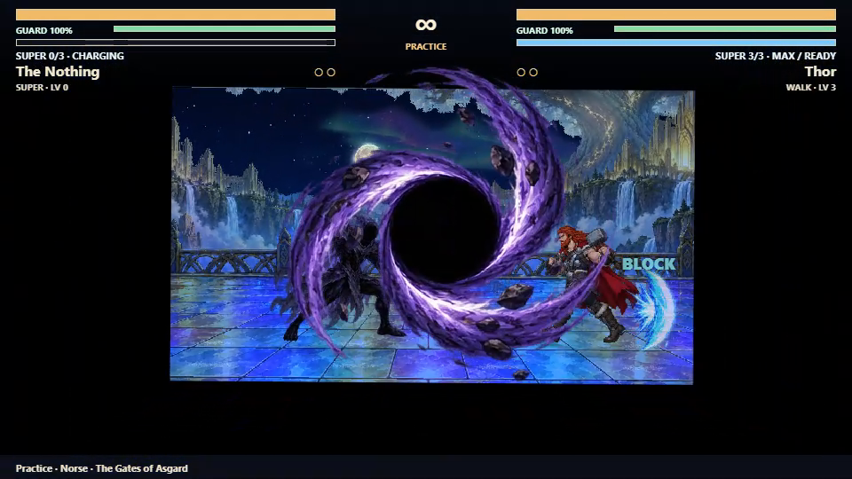 A frame from an actual local game recording: the cyan blocking impact remains at Thor’s position during the black-hole attack.