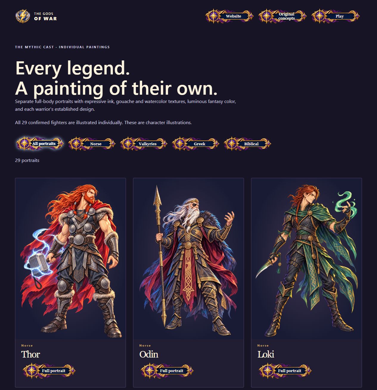 Actual portrait-gallery preview with Thor, Odin and Loki shown as separate full-body paintings. This is a website capture.