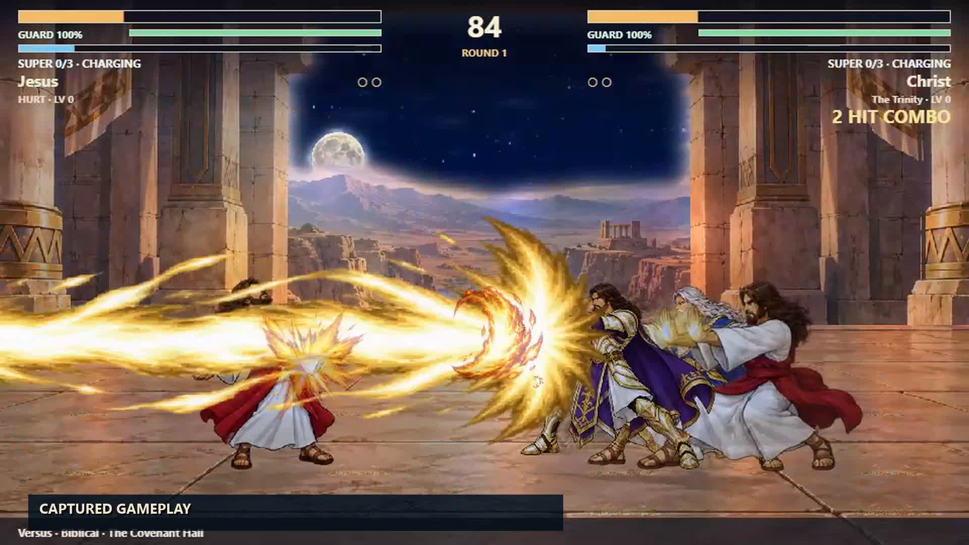 A frame from the promo showing the actual Trinity trio and beam in Covenant Hall. This is captured gameplay.