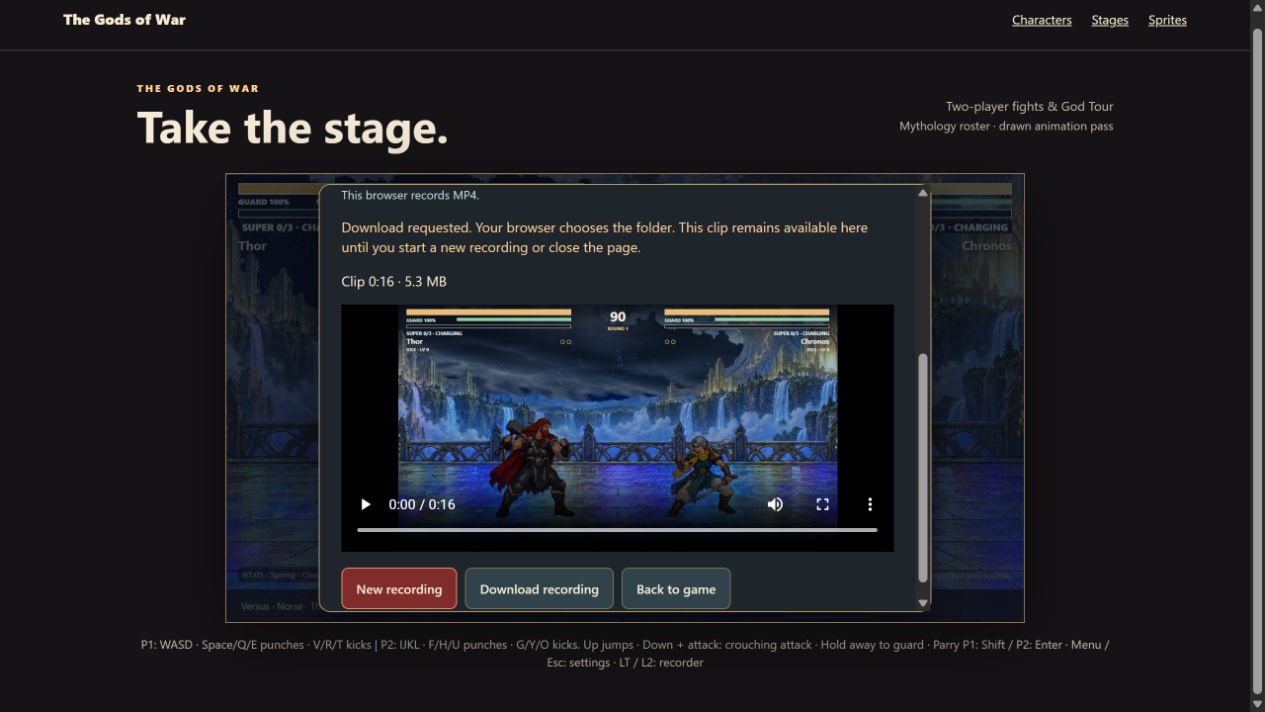The actual public full-page game showing its original MP4 recorder preview and Download requested confirmation.
