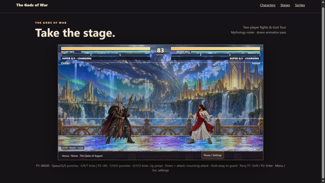 Odin and Jesus using reviewed idle drawings in the original Asgard arena, with its inherited lighting and snow.