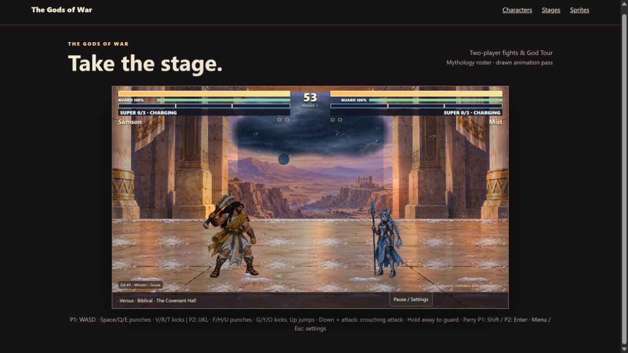 Samson and Mist in the actual Covenant Hall arena with original lighting, snowfall and parallax.