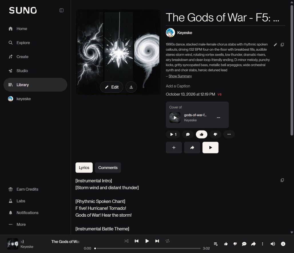 The completed F5 Storm Dance remix in Suno, showing its original intro seed, storm arrangement and F-five chant lyrics.
