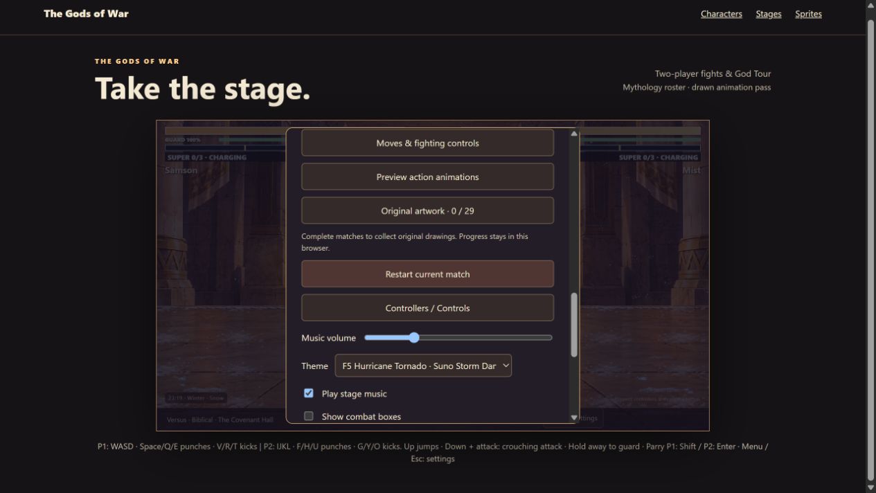 The actual game with the Suno Storm Dance theme selected and stage music enabled.