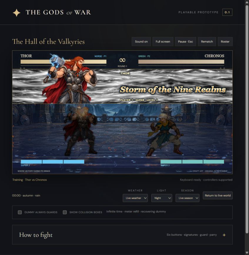 Actual gameplay: Thor’s inherited portrait cut-in, with night lighting and live precipitation.