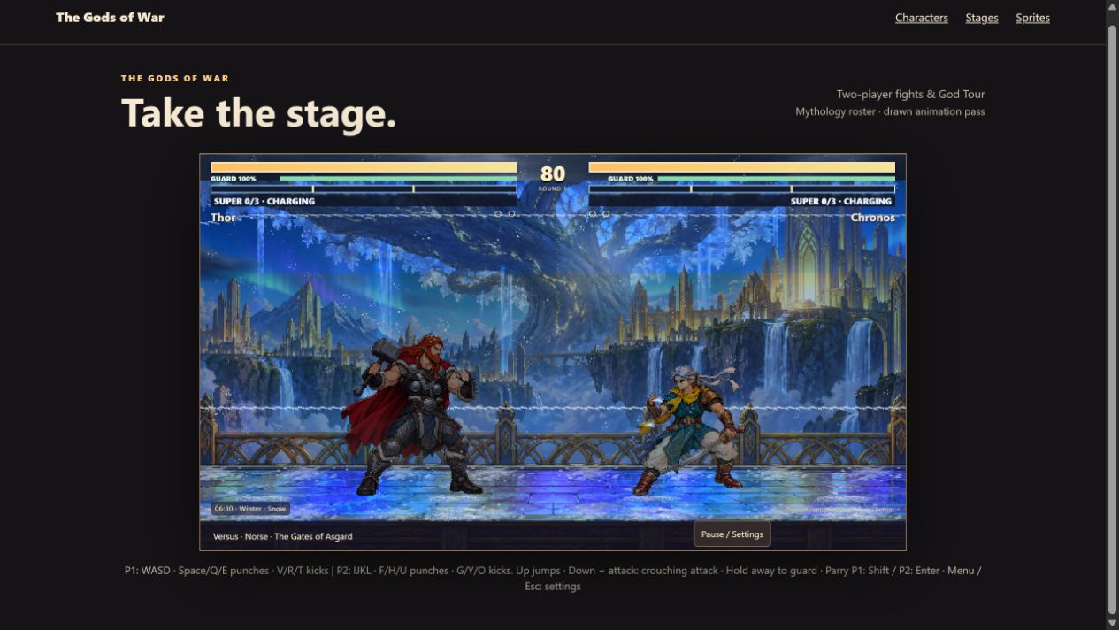 Thor and Chronos in the actual Asgard arena, using their inherited fighter proportions and original lighting and snowfall.